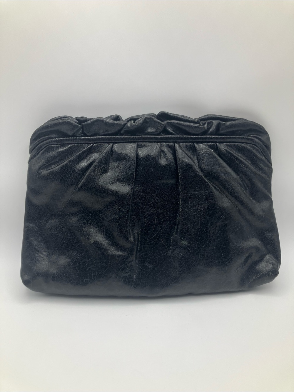 Vintage Black Leather Gathered Clutch Bag
